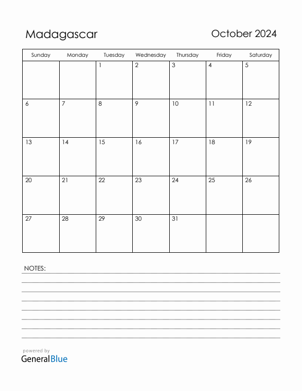 October 2024 Madagascar Calendar with Holidays (Sunday Start)