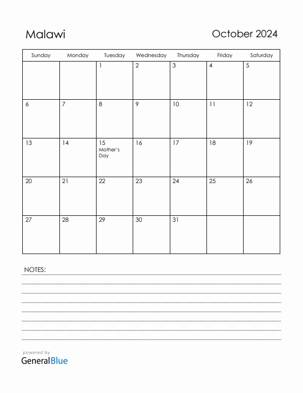 October 2024 Malawi Calendar with Holidays (Sunday Start)