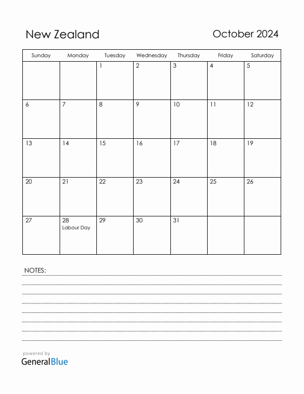 October 2024 New Zealand Calendar with Holidays (Sunday Start)