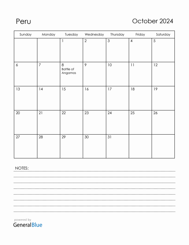 October 2024 Peru Calendar with Holidays (Sunday Start)