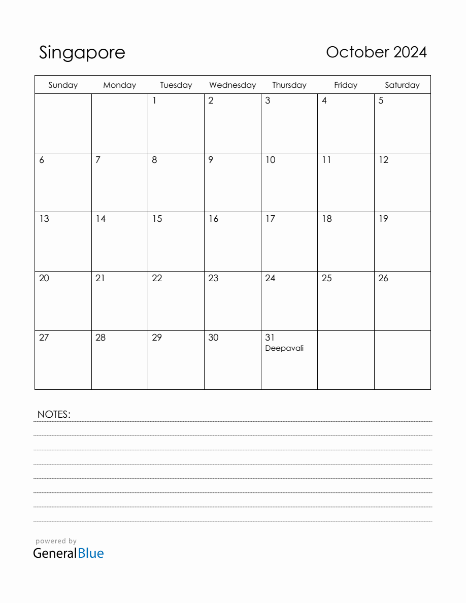 October 2024 Singapore Calendar with Holidays