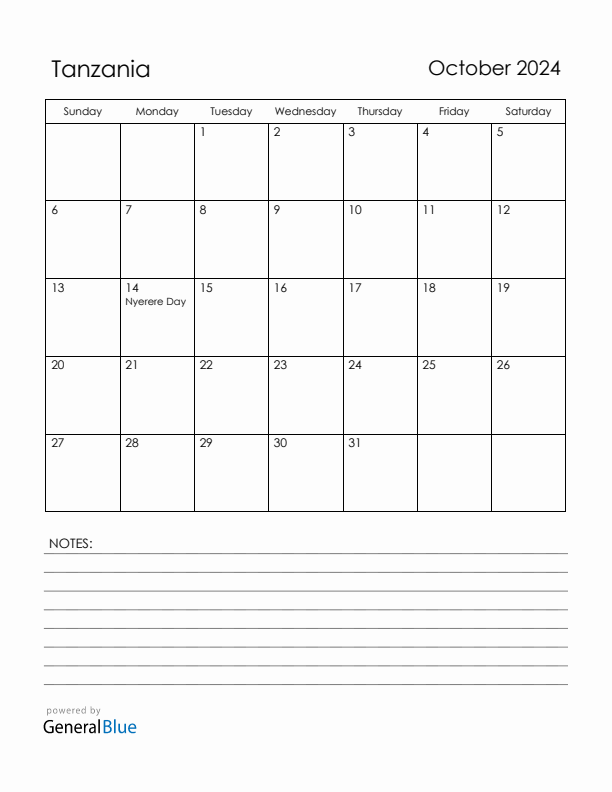 October 2024 Tanzania Calendar with Holidays (Sunday Start)