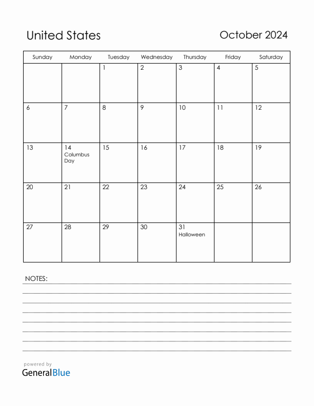October 2024 United States Calendar with Holidays (Sunday Start)