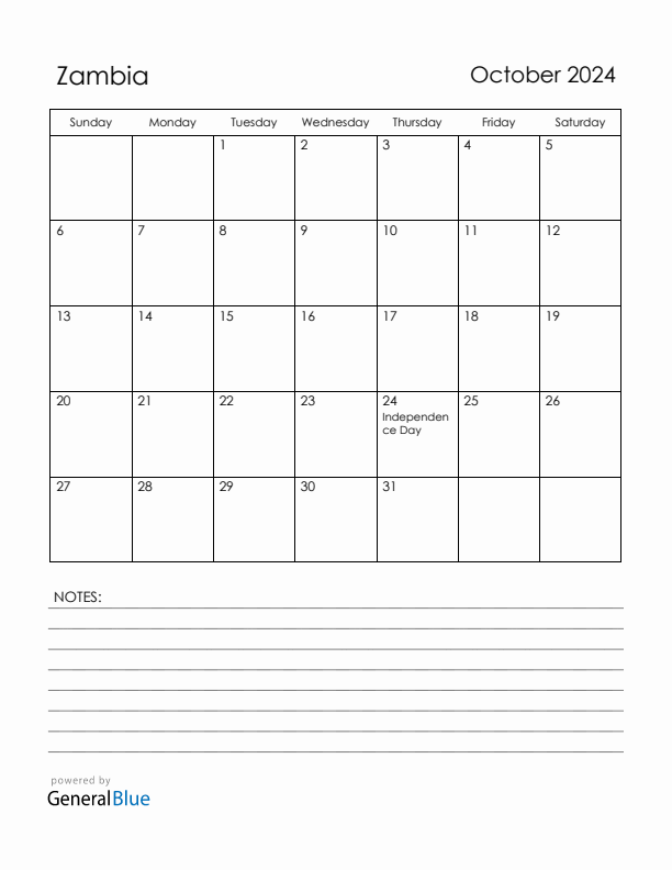 October 2024 Zambia Calendar with Holidays (Sunday Start)