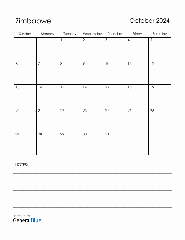 October 2024 Zimbabwe Calendar with Holidays (Sunday Start)