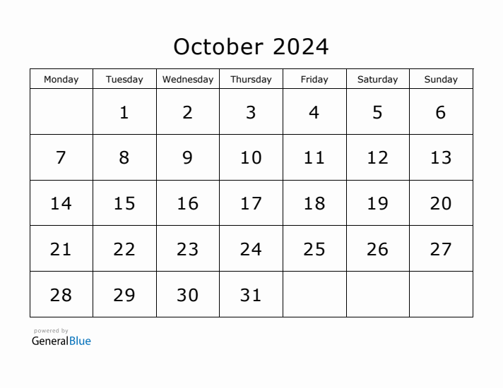 Printable October 2024 Calendar - Monday Start