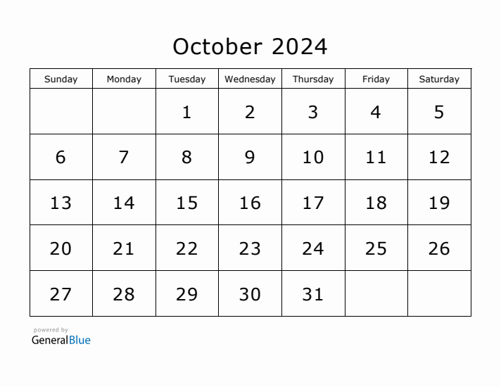 October 2024 Monthly Calendar (PDF, Word, Excel)
