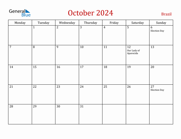 Brazil October 2024 Calendar - Monday Start