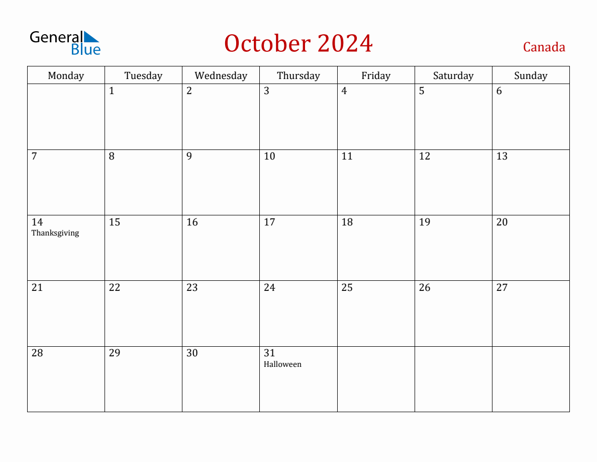 October 2024 Canada Monthly Calendar with Holidays