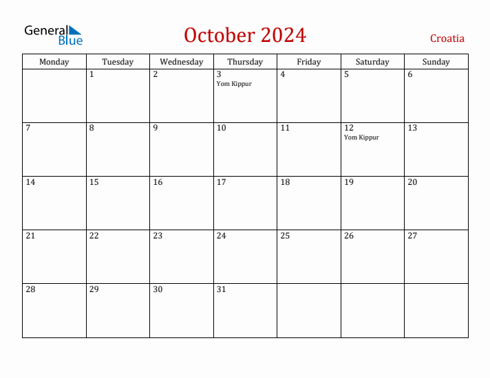 October 2024 Croatia Monthly Calendar with Holidays