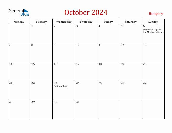Hungary October 2024 Calendar - Monday Start