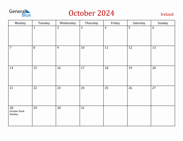 Ireland October 2024 Calendar - Monday Start