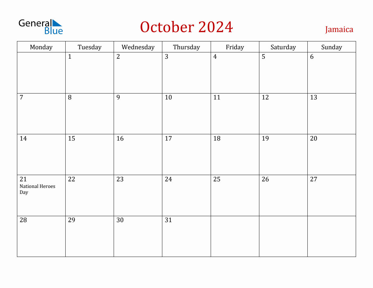 October 2024 Jamaica Monthly Calendar with Holidays