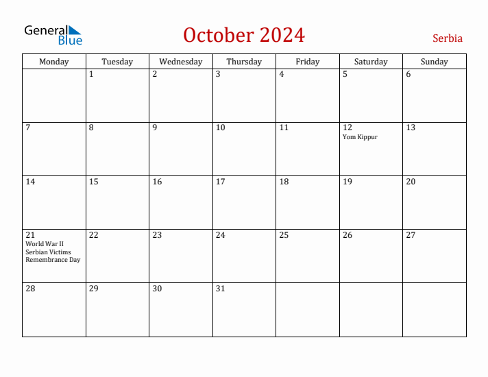 Serbia October 2024 Calendar - Monday Start