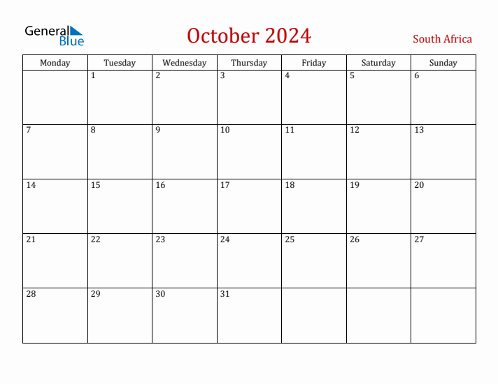 October 2024 South Africa Monthly Calendar with Holidays
