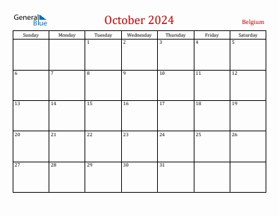 Current month calendar with Belgium holidays for October 2024