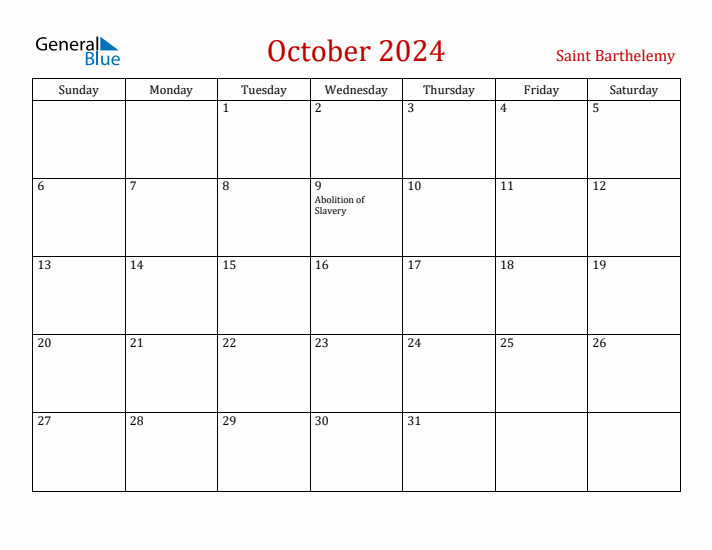 Saint Barthelemy October 2024 Calendar - Sunday Start