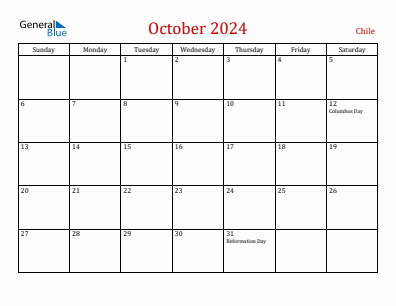 Current month calendar with Chile holidays for October 2024