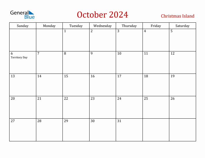 Christmas Island October 2024 Calendar - Sunday Start