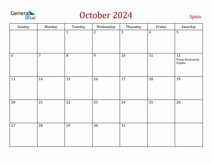 Spain October 2024 Calendar - Sunday Start