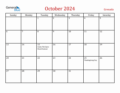 Current month calendar with Grenada holidays for October 2024