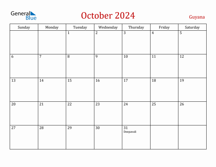 Guyana October 2024 Calendar - Sunday Start