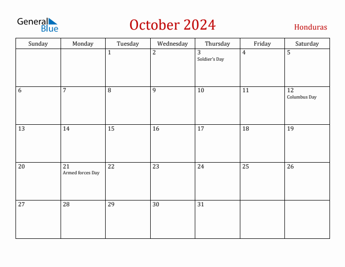 Honduras October 2024 Calendar - Sunday Start