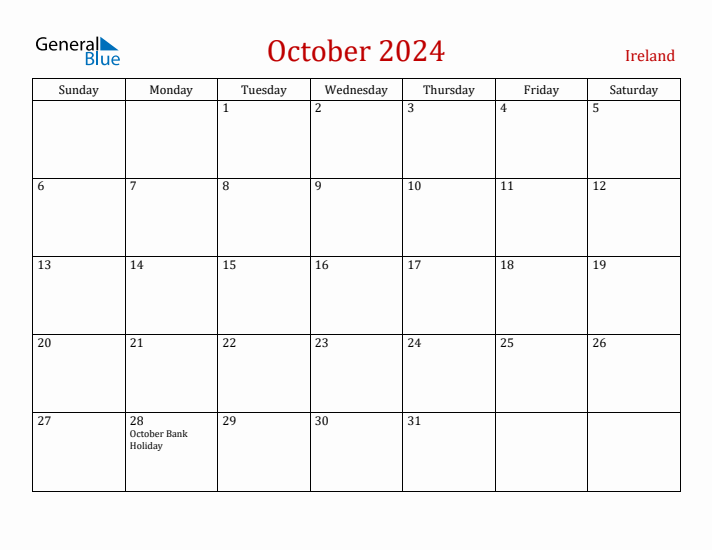 Ireland October 2024 Calendar - Sunday Start