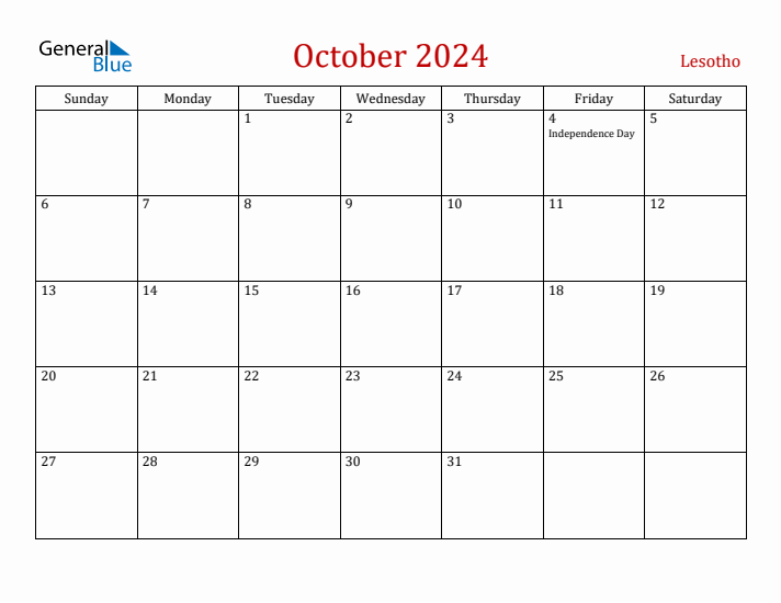 Lesotho October 2024 Calendar - Sunday Start