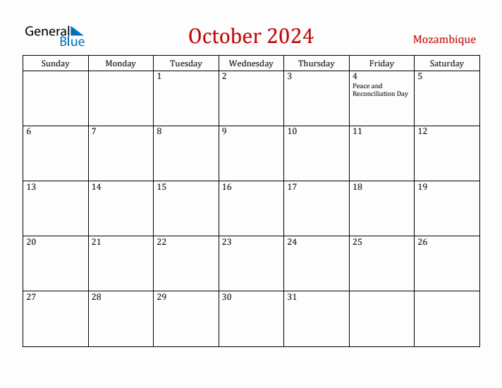 Mozambique October 2024 Calendar - Sunday Start