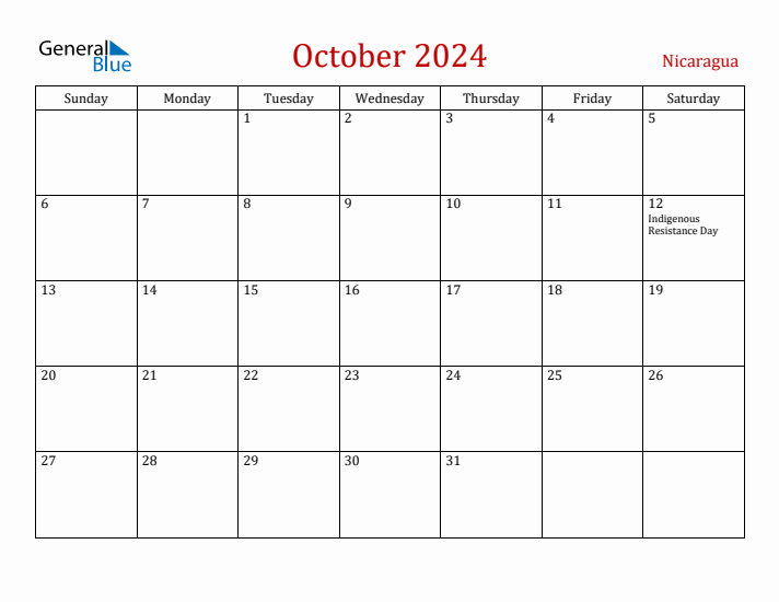 Nicaragua October 2024 Calendar - Sunday Start