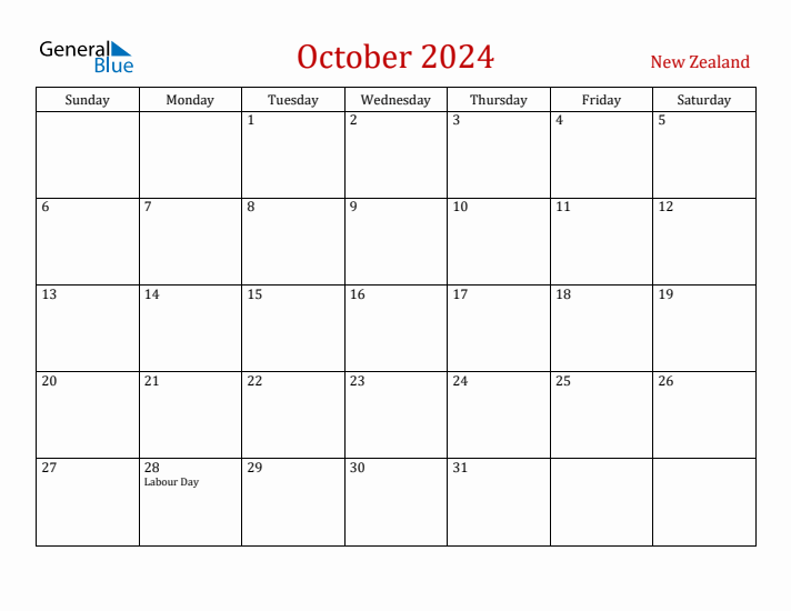 New Zealand October 2024 Calendar - Sunday Start