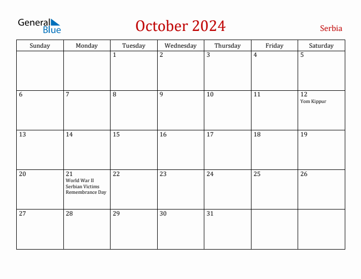 Serbia October 2024 Calendar - Sunday Start