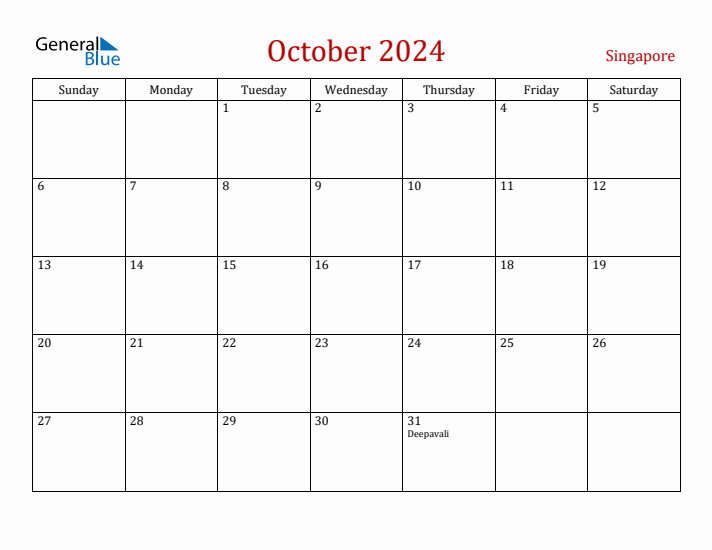 Singapore October 2024 Calendar - Sunday Start