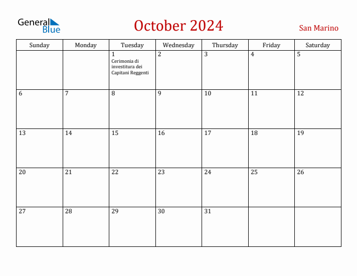 San Marino October 2024 Calendar - Sunday Start