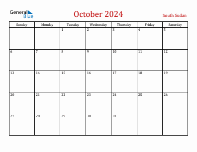 Current month calendar with South Sudan holidays for October 2024