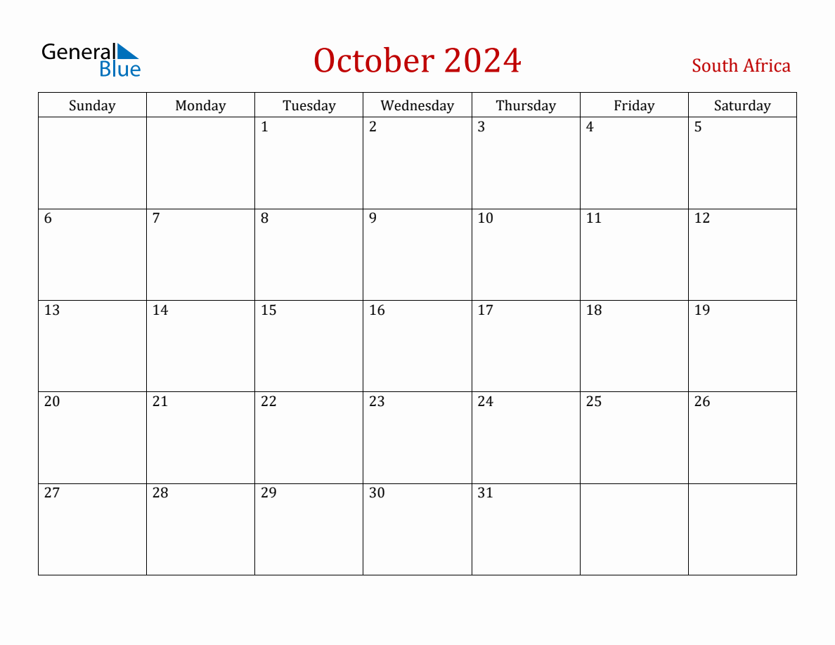 October 2024 South Africa Monthly Calendar with Holidays