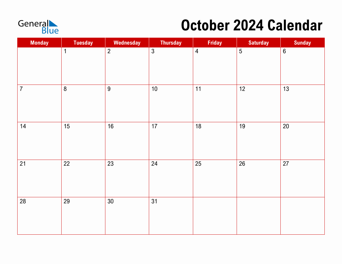 Basic Monthly Calendar - October 2024