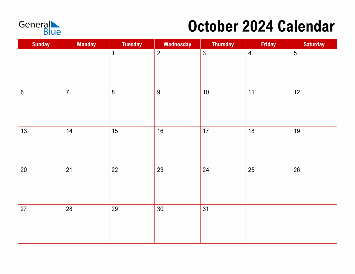 Basic Monthly Calendar October 2024