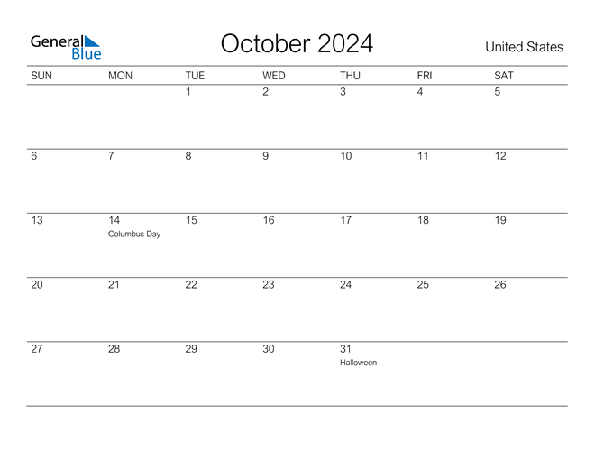 United States October 2024 Calendar with Holidays