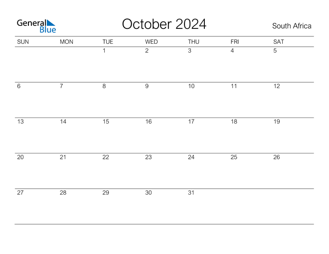 October 2024 Calendar with South Africa Holidays
