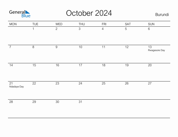 Printable October 2024 Calendar for Burundi