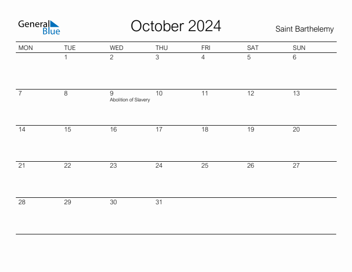 Printable October 2024 Calendar for Saint Barthelemy