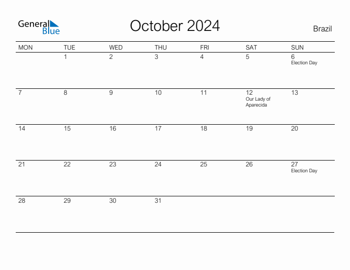 Printable October 2024 Calendar for Brazil