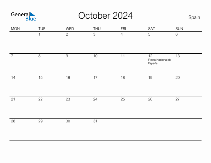 Printable October 2024 Calendar for Spain