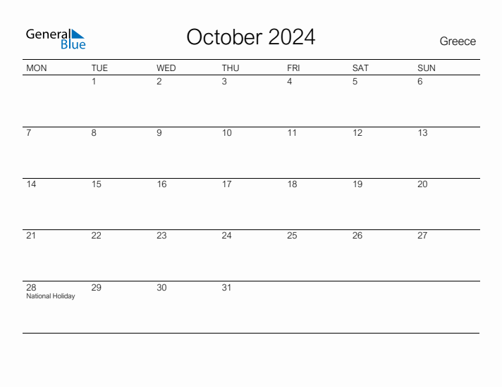 Printable October 2024 Monthly Calendar with Holidays for Greece