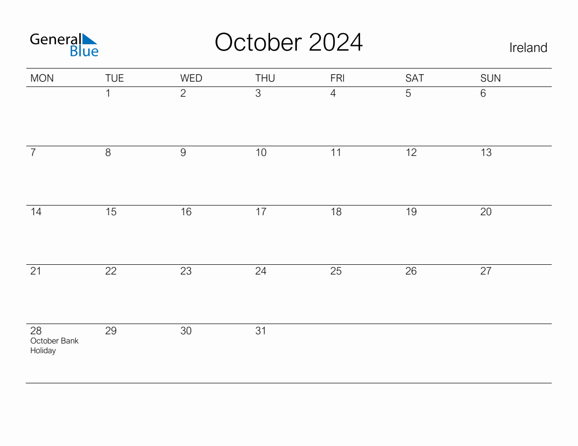 Printable October 2024 Monthly Calendar with Holidays for Ireland