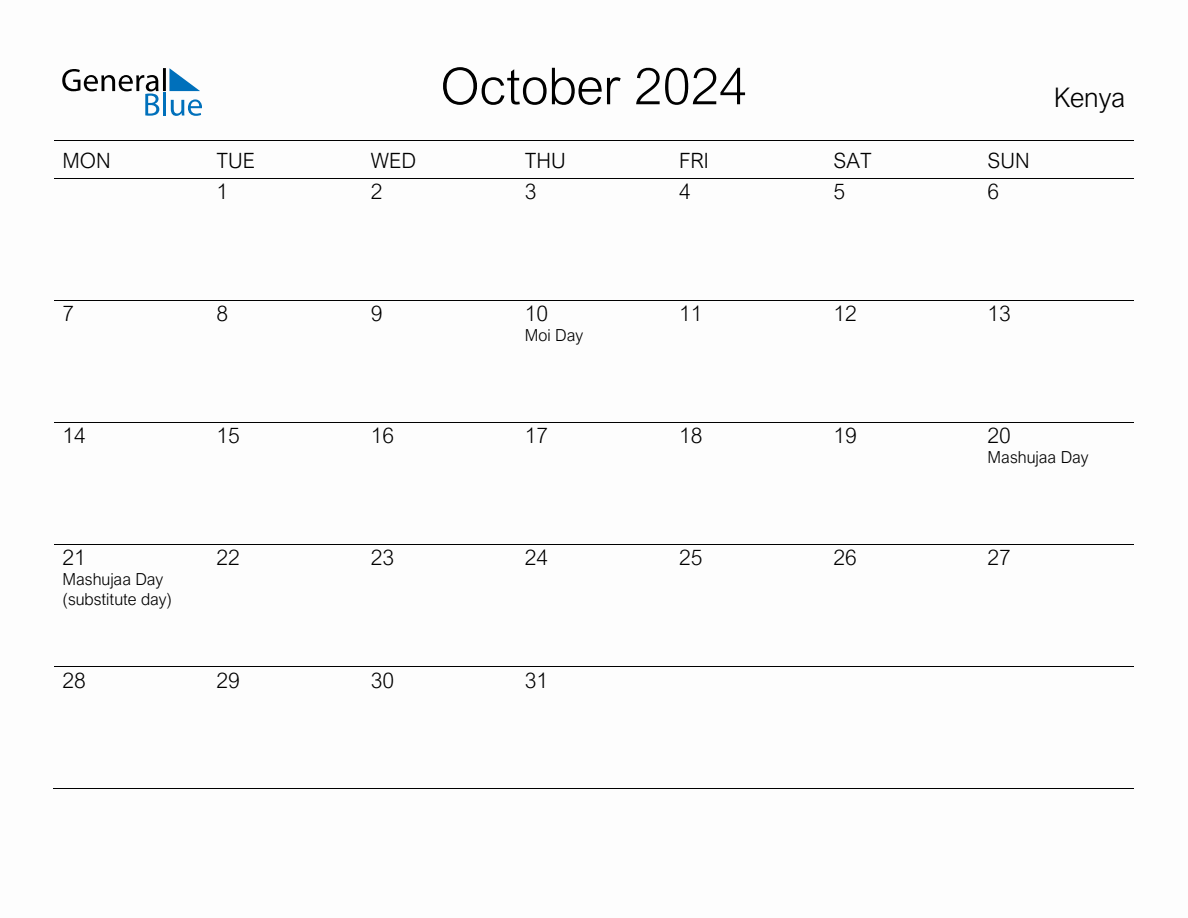 Printable October 2024 Monthly Calendar with Holidays for Kenya