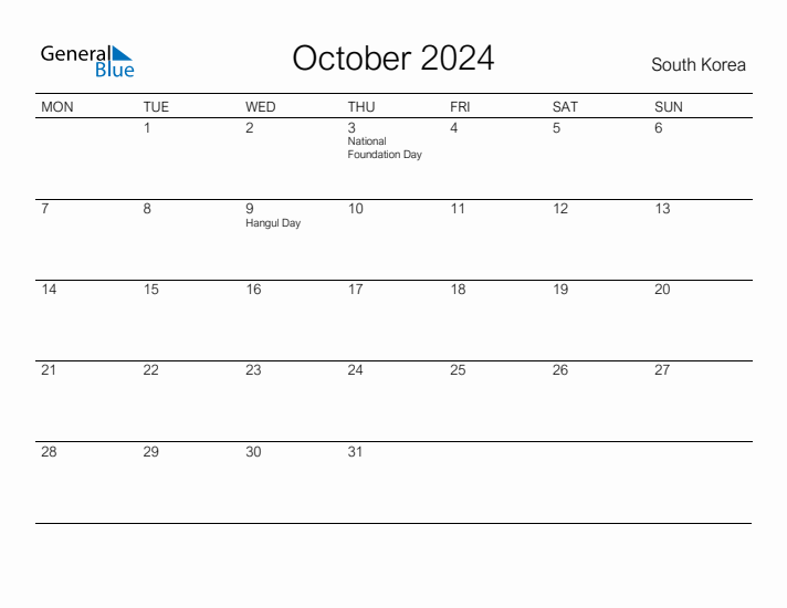 Printable October 2024 Calendar for South Korea