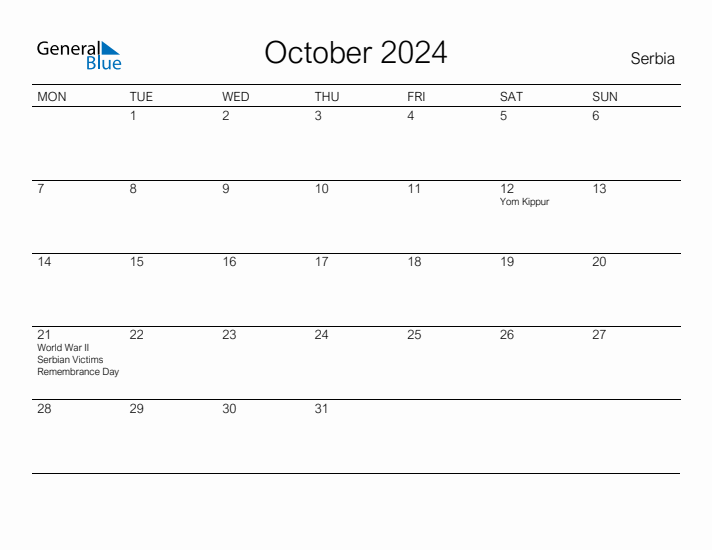 Printable October 2024 Calendar for Serbia